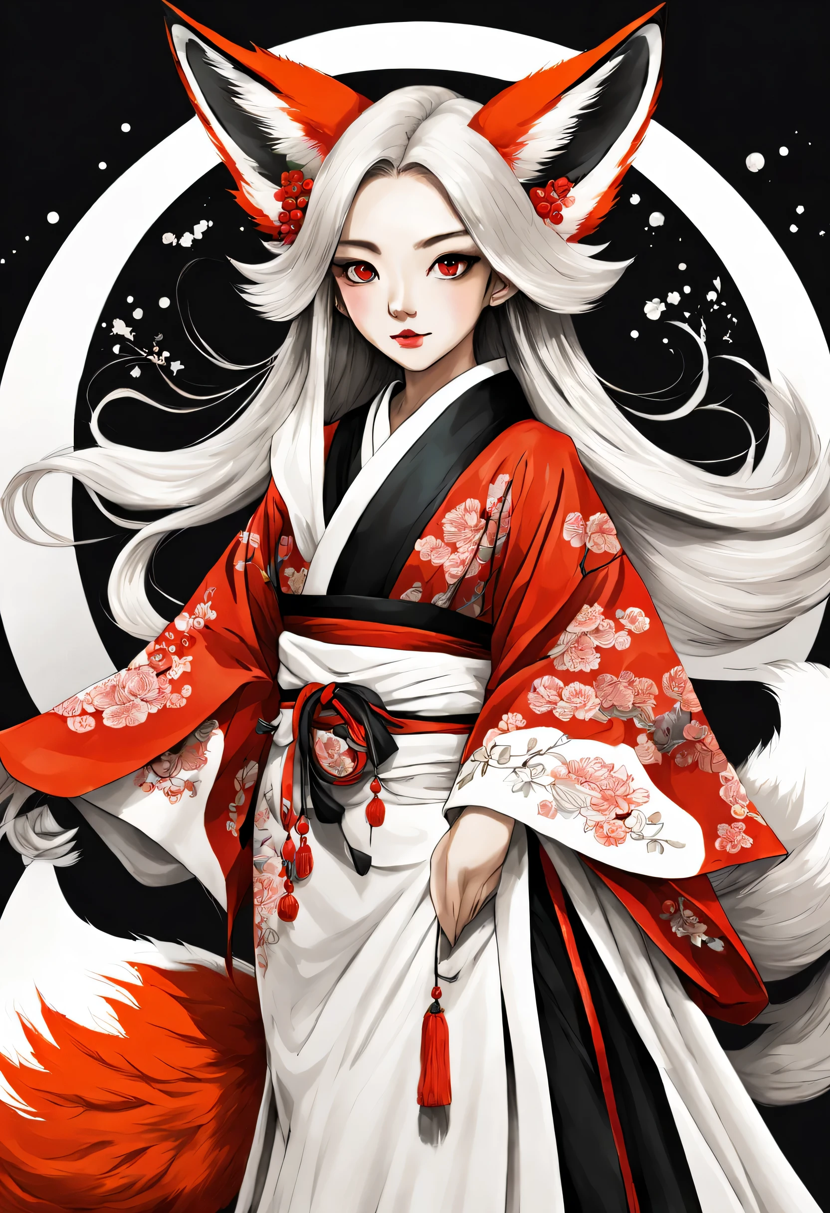 beauty,Ancient Chinese costume,kimono,アジア系beauty,Chinese,perfect face,fox ears,fox tail:Nine Tails,Bewitching,which one,((ink sketch)),((white,black,red)),tints,be familiar with,anatomically correct,delicate,perfect composition,masterpiece,zentangle,beautiful,ink painting,beautifulwhich oneの姿絵をインクで描きます,which oneの正体はNine Tailsの狐です,妖しくbeautiful