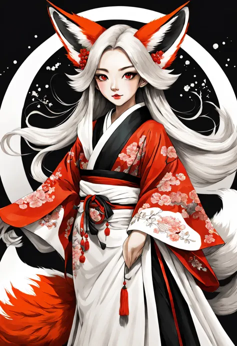beauty,Ancient Chinese costume,kimono,アジア系beauty,Chinese,perfect face,fox ears,fox tail:Nine Tails,Bewitching,which one,((ink sk...
