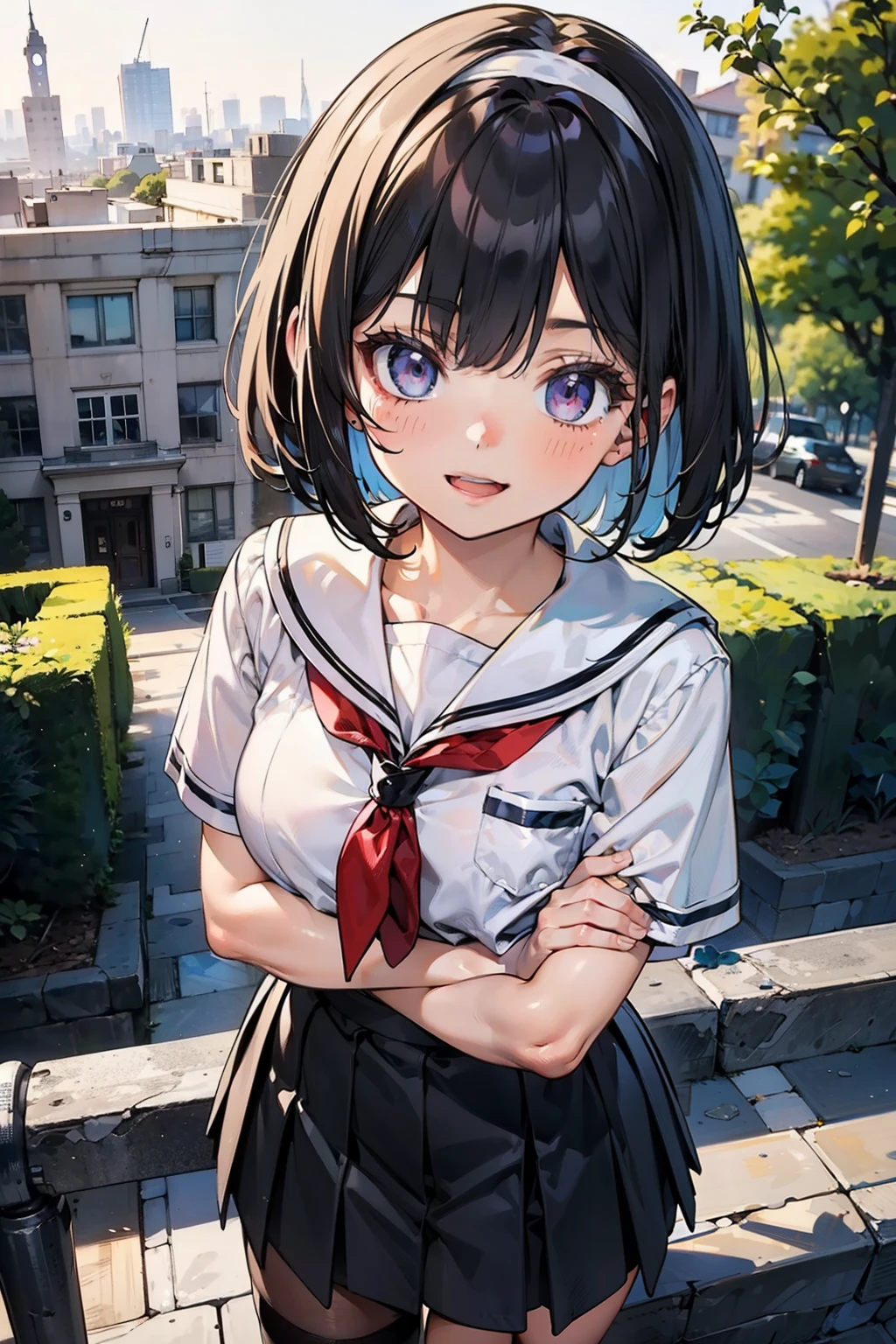 body 8 times longer than head, (Highly detailed CG unity 8k), (highest quality)，(very detailed)，(ultra high resolution), black hair, High school girl wearing a navy sailor suit, Anime 2D rendering, realistic young anime high school girl, ((White headband)), purple eyes, small breasts, tall, slanted eyes, (school scenery), black stockings, bright color, open your mouth, Dark blue skirt, bob cut, position looking down from above, Face upwards, smile, spread both arms, embrace,