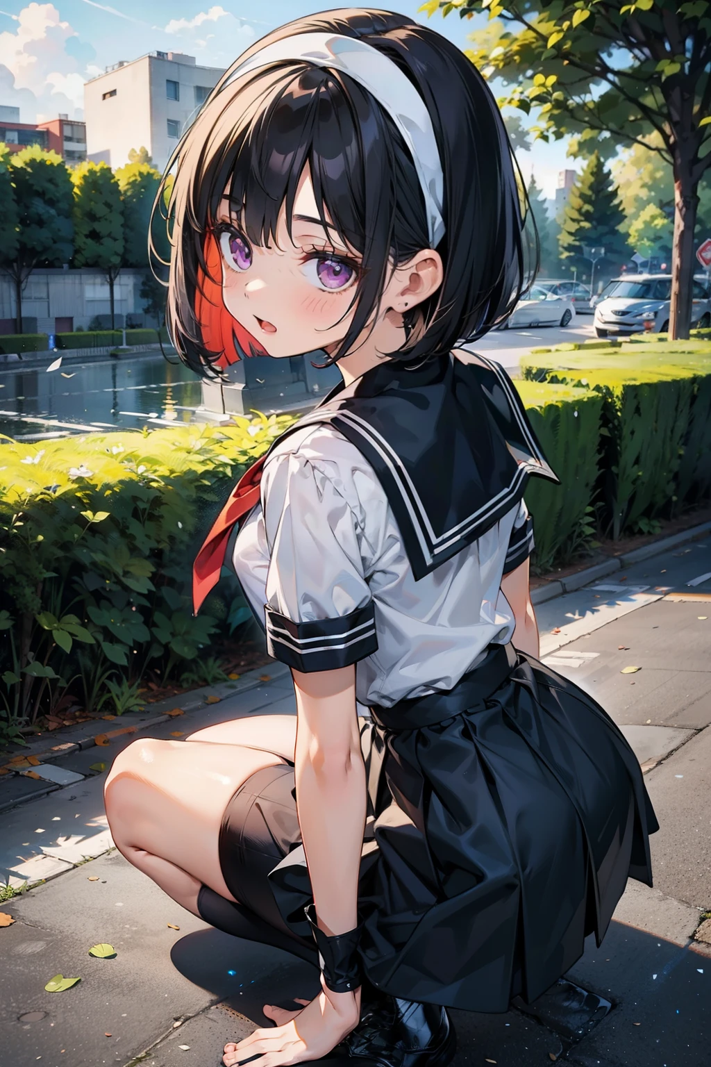 body 8 times longer than head, (Highly detailed CG unity 8k), (highest quality)，(very detailed)，(ultra high resolution), black hair, High school girl wearing a navy sailor suit, Anime 2D rendering, realistic young anime high school girl, ((White headband)), purple eyes, small breasts, tall, slanted eyes, (school scenery), black stockings, bright color, open your mouth, Dark blue skirt, bob cut, position looking down from above, tripping on the right foot, lean forward, bend your knees, sit, Put your butt on the ground,  pose of looking back, sorry face,