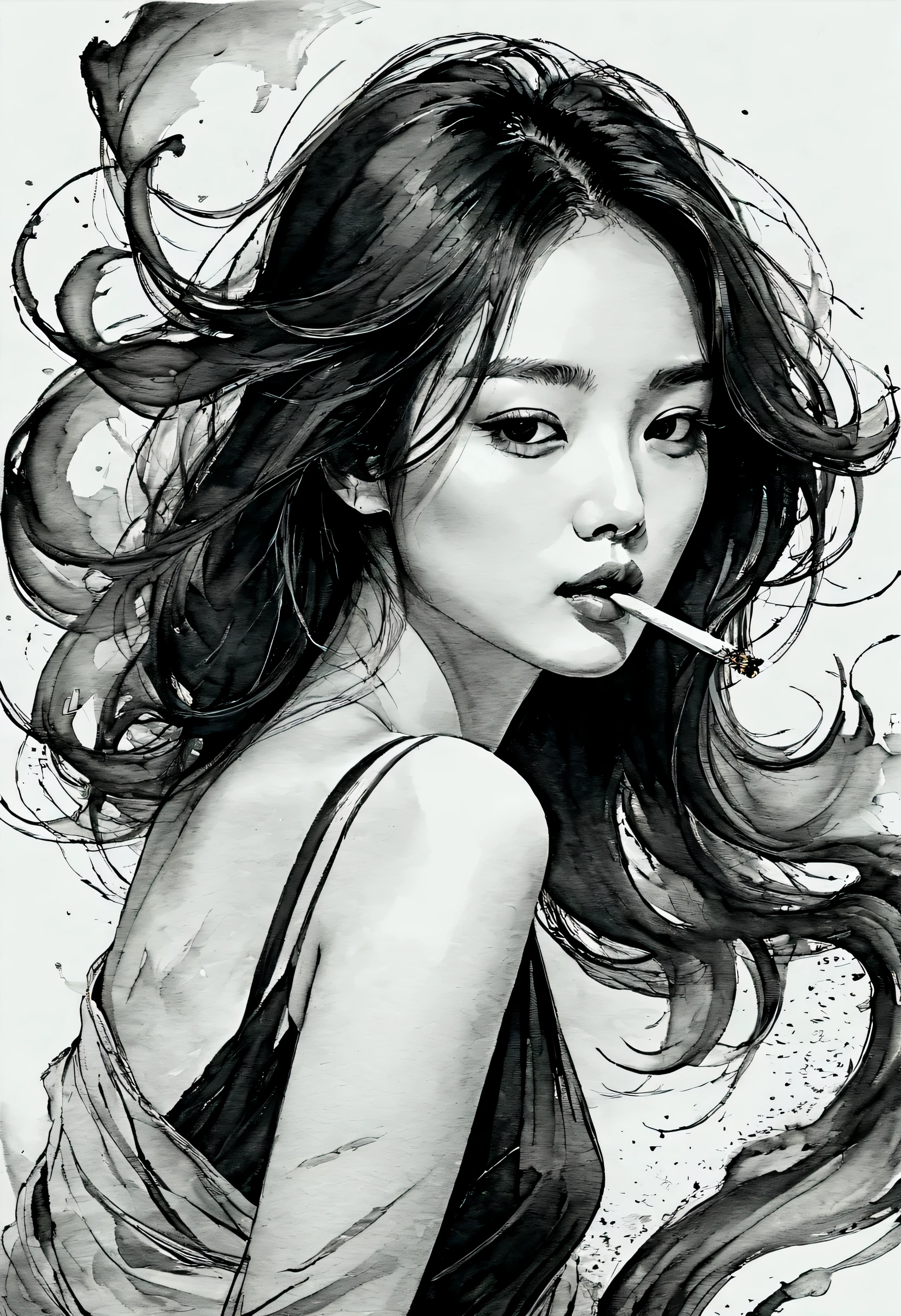 Sexy woman，smokes，black and whiteink画，pen sketch，Loose brushstrokes，Pen outlines delicate lines，Smooth movements，Subtle ink tones，elegant gesture，calm expression，Exquisite facial features，ink，soil，Wet。black and white，Clean