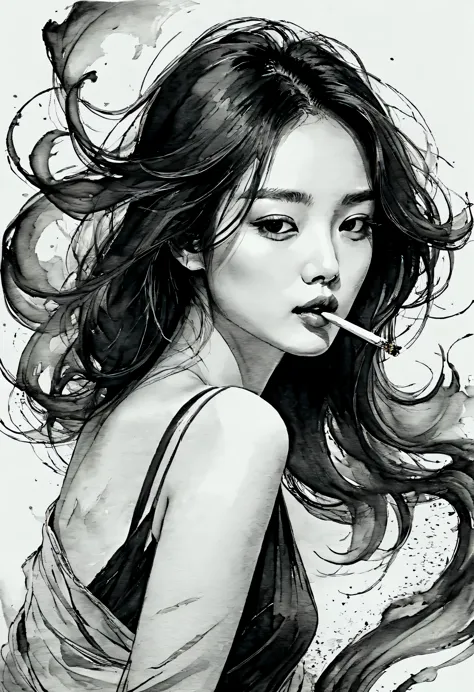 sexy woman，smokes，black and whiteink画，pen sketch，Loose brushstrokes，Pen outlines delicate lines，Smooth movements，微妙的ink色调，elegan...