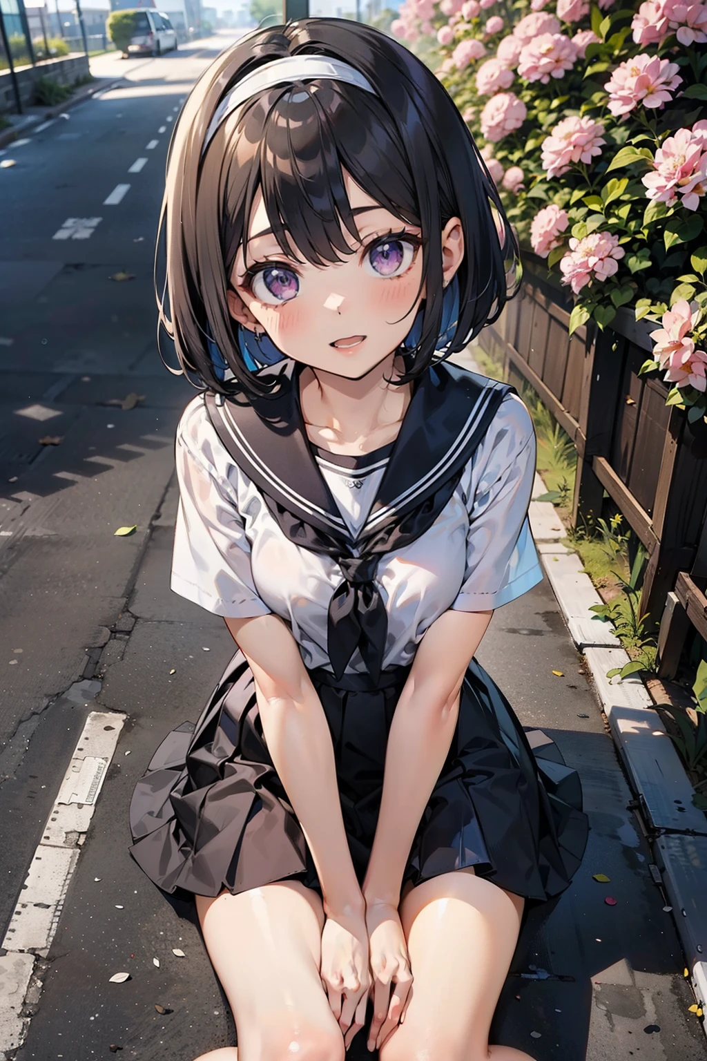 body 8 times longer than head, (Highly detailed CG unity 8k), (highest quality)，(very detailed)，(ultra high resolution), black hair, High school girl wearing a navy sailor suit, Anime 2D rendering, realistic young anime high school girl, ((White headband)), purple eyes, small breasts, tall, slanted eyes, (school scenery), black stockings, bright color, open your mouth, Dark blue skirt, bob cut, position looking down from above, bend your knees, sit, Put your butt on the ground, flowers blooming on the road, looking at the flower, 