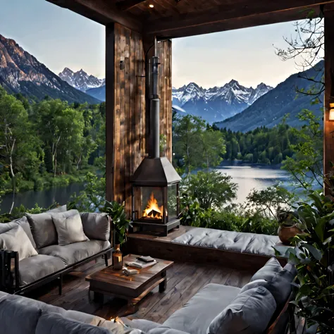 Imagine an interior in modern, luxurious hut nestled under the stars with majestic mountains in the background and a serene lake...
