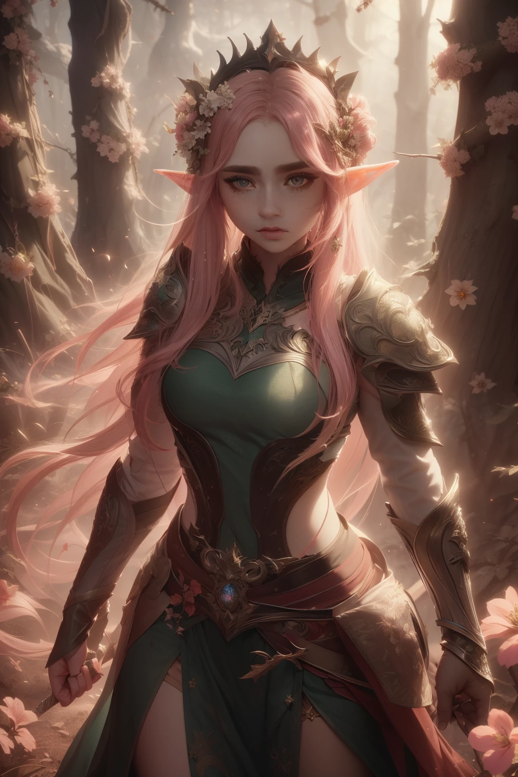 Fantasy, medieval, ((best quality)), ((masterpiece)), (detailed), perfect face, perfect body, beautiful sexy elf, standing, combat pose, long pink hair, big eyes, black eyeliner, , freckles, outdoors, gloomy forest, crown of flowers on head