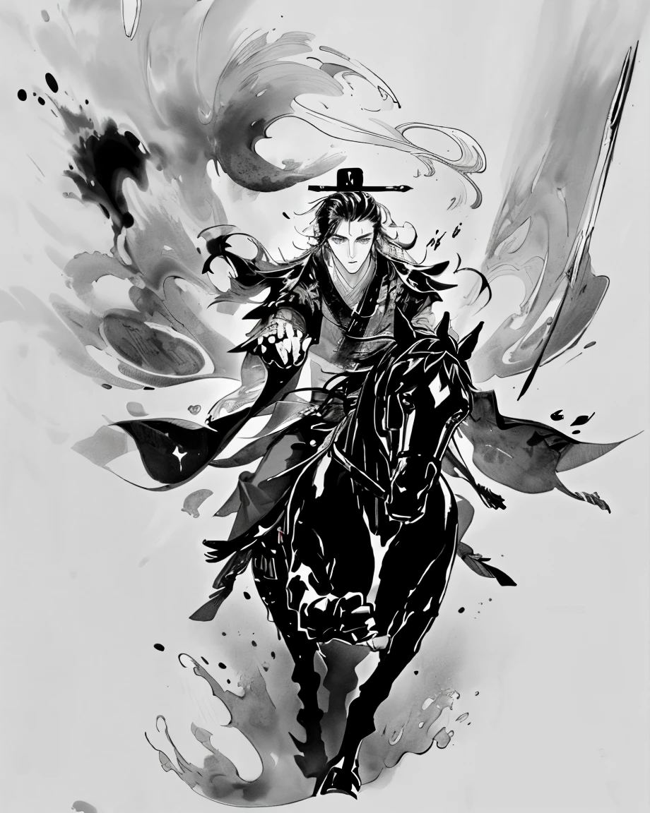 masterpiece, zydink, monochrome, ink sketch, (tilt:1.4), 1man, (riding horse, running fast:1.2), asian man, polearm, waving armor, armor, chinese clothes, fighting stance, looking at viewer, long hair,  long sleeves, (abstract ink splash:1.4), black and white, chinese clothes,hanfu,
