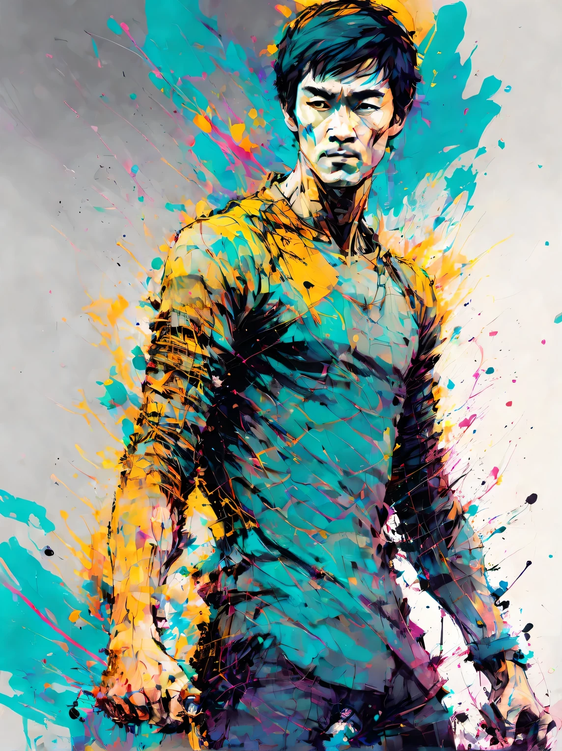 Ink style drawing, bruce lee, Clear style, Contemporary art, black ink style, thin ink lines