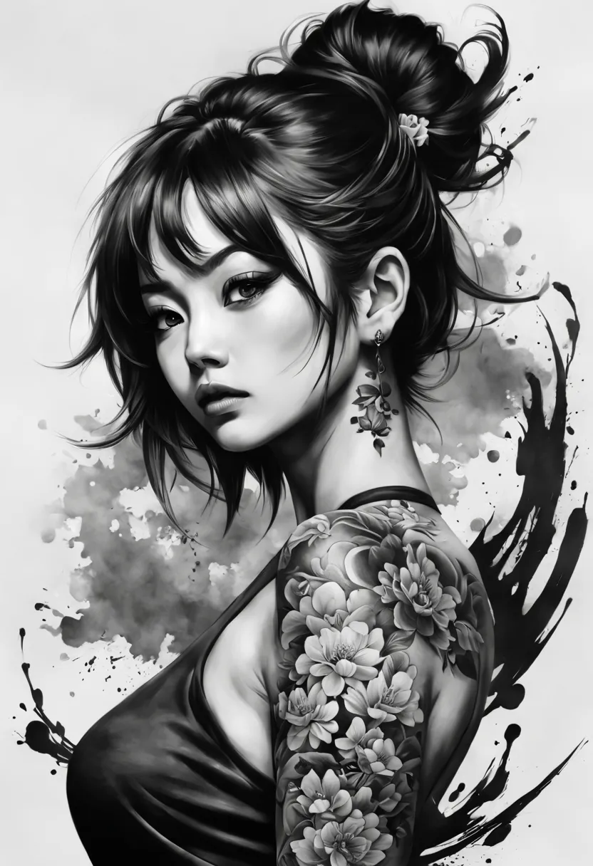 1girl, high resolution black & white ink paint stroked japanese tattoo