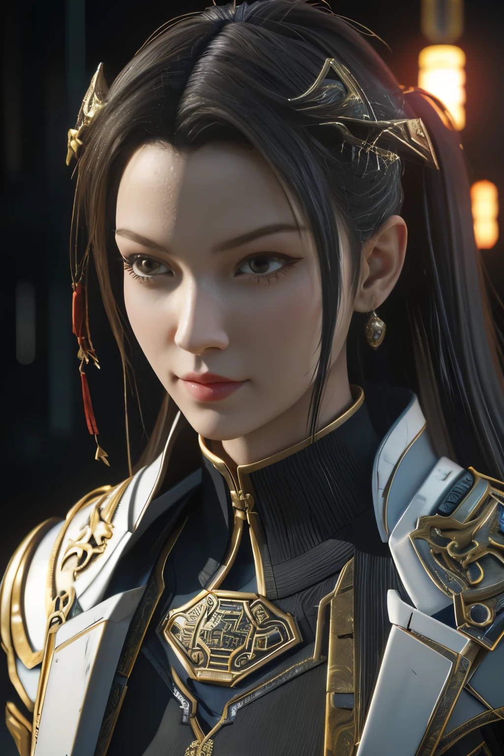 Game art，The best picture quality，Highest resolution，8K，(A bust photograph)，(Portrait)，(Head close-up:1.5)，(Rule of thirds)，Unreal Engine 5 rendering works， (The Girl of the Future)，(Female Warrior)， 22岁少女，(Female hackers)，(White and red gradient，Ancient Oriental hairstyle)，((The pupils of the red eyes:1.3))，(A beautiful eye full of detail)，(Big breasts)，(Eye shadow)，优雅迷人，冷漠，((Anger))，(Cyberpunk jacket full of futuristic look，Joint Armor，There are exquisite Chinese patterns on the clothes，A flash of jewellery)，赛博朋克人物，未来风格， 拍照姿势，城市背景，Movie lights，Ray tracing，Game CG，((3D Unreal Engine))，oc渲染反射纹