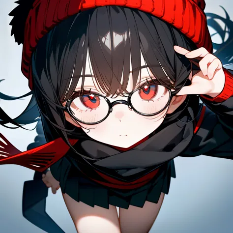 (masterpiece), best quality, expressive eyes, perfect face, red eye, black beanie, fluffy cut black hair, black scarf, black sch...