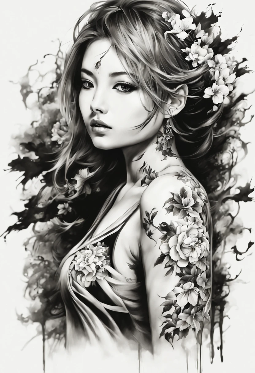 1girl, high resolution Black & White Ink paint stroked japanese tattoo