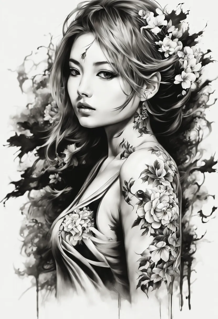 1girl, high resolution black & white ink paint stroked japanese tattoo