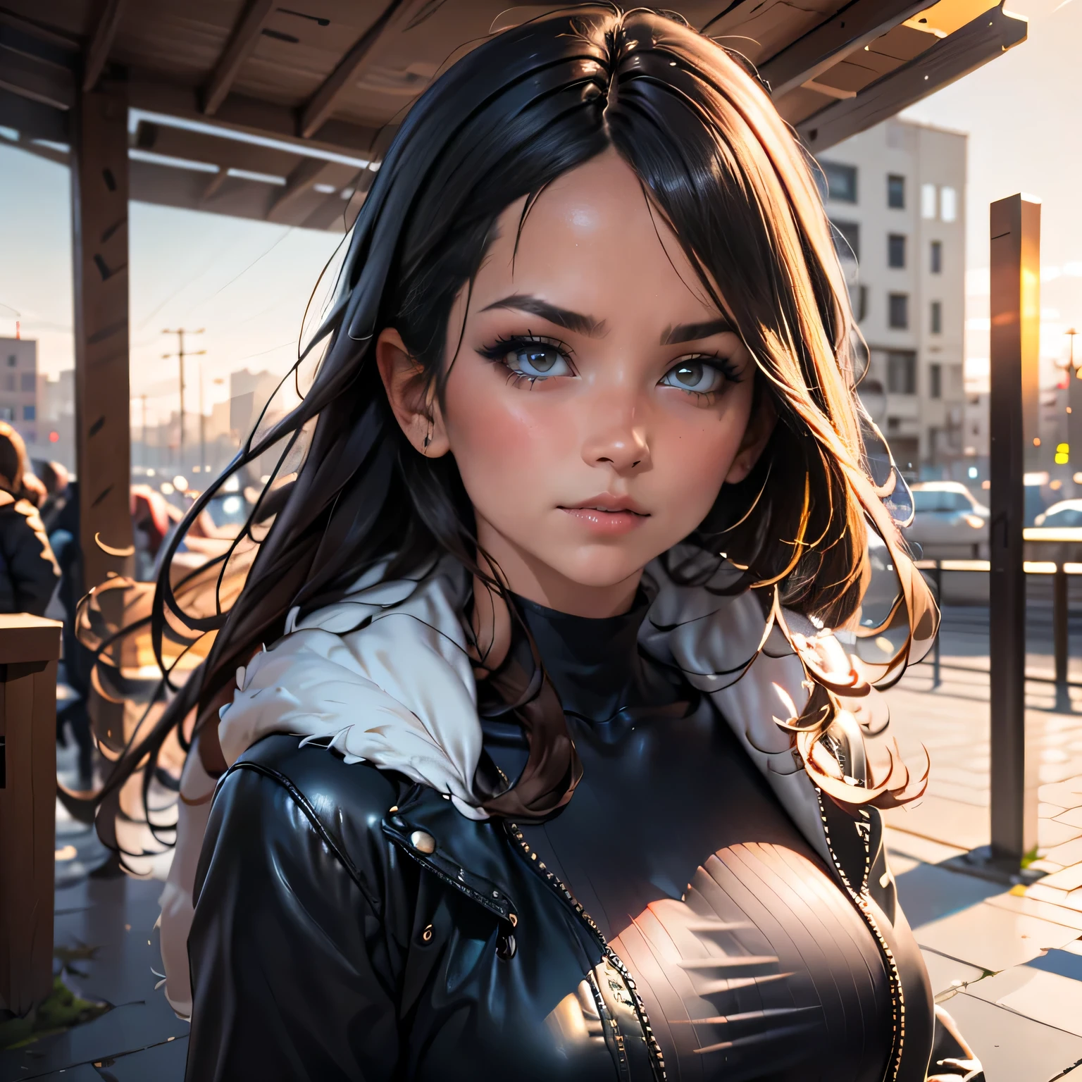 (((HD photo))), ultra high res.photorealistic:. 1.4, UHD, masterpiece, trending on artstation, portait, 1girl, headshot, cute girl, most beautiful in the world, solo, soft, delicate, long dark hair, wearing winter fur_coat, scarf, sunkissed, seattle background