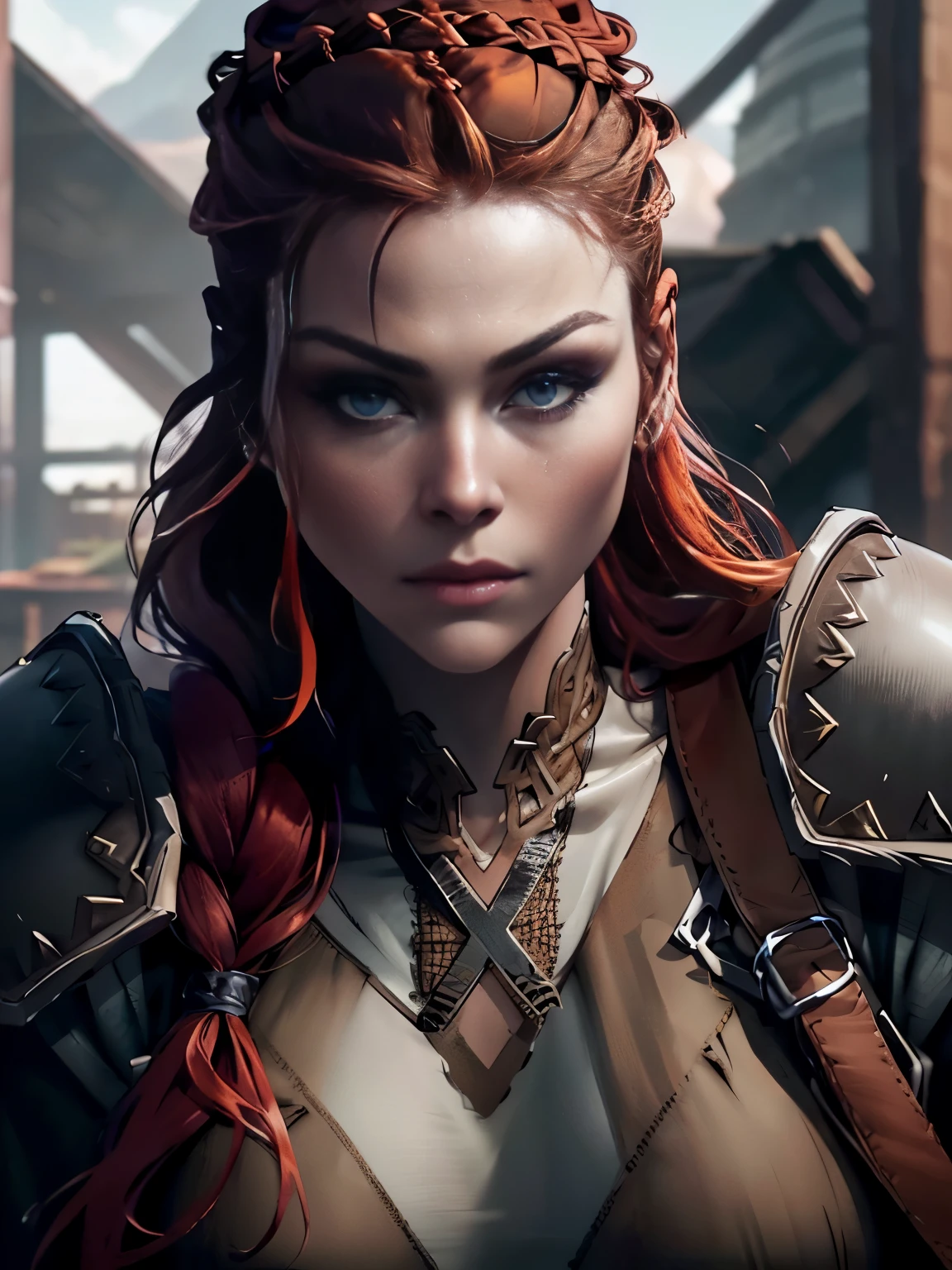 best quality, masterpiece, 
(photorealistic:1.25),
portrait photo of adult female, (highly detailed face),
viking armor,
french_braid top knot, red hair, viking hairstyle,
sharp details, (high detail skin),
skin pores,
hdr, professional  studio photography