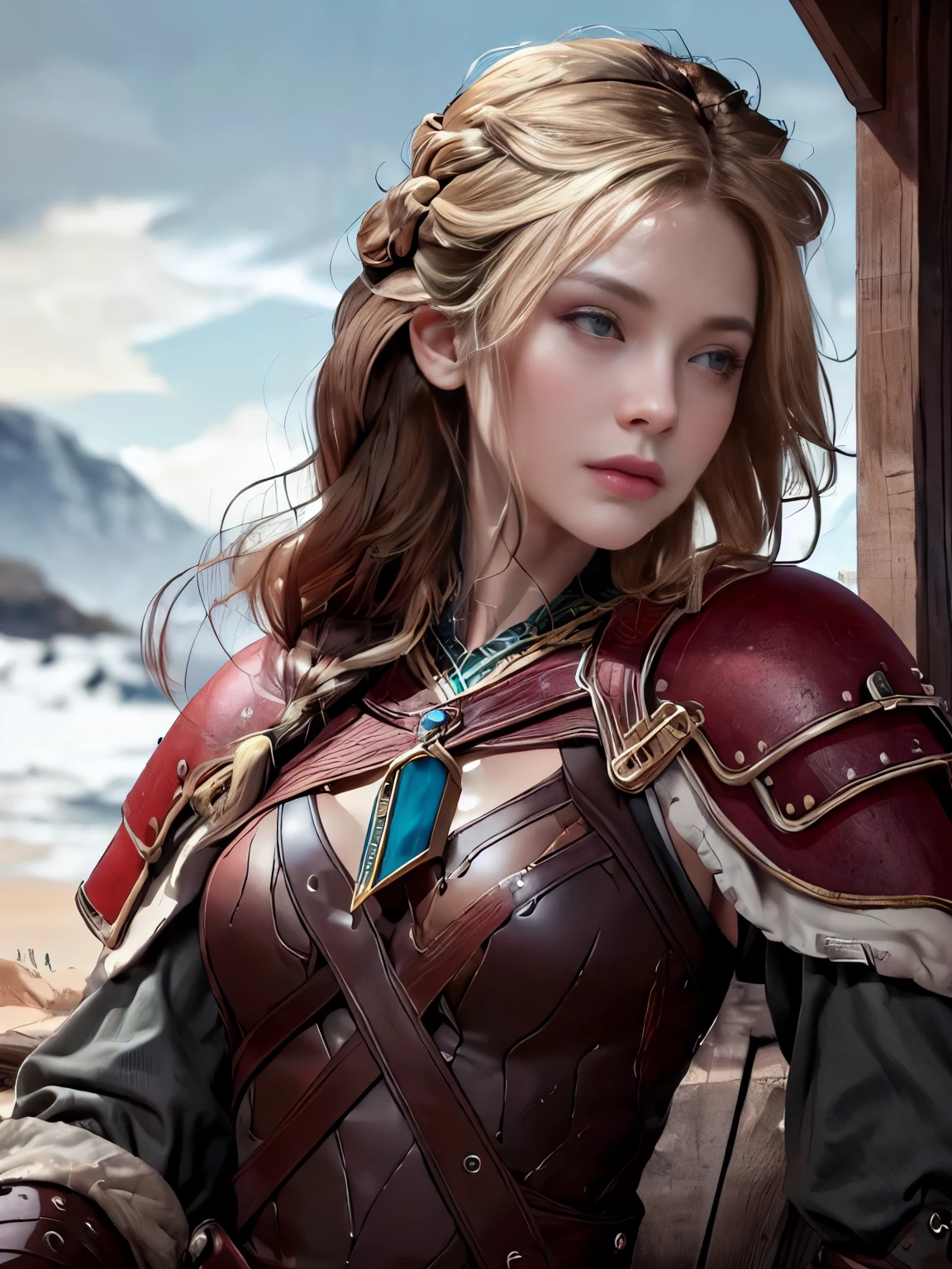 best quality, masterpiece, 
(photorealistic:1.25),
portrait photo of adult female, (highly detailed face),
viking armor,
french_braid top knot, blonde hair, viking hairstyle,
sharp details, (high detail skin),
skin pores,
hdr, professional  studio photography