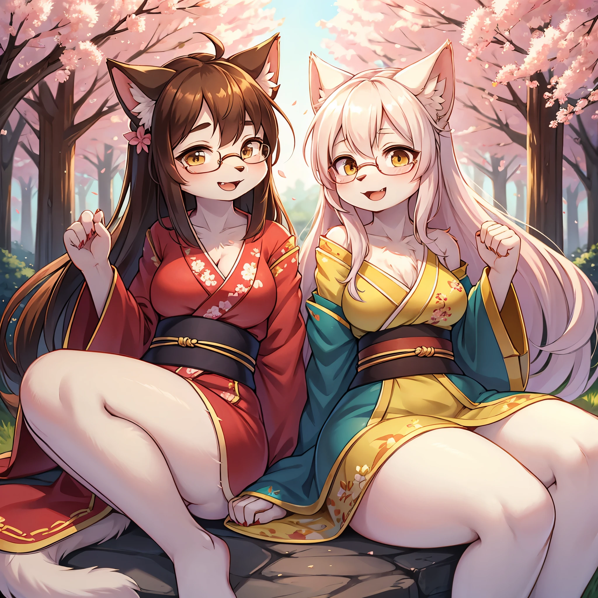 cat furry girl, 2 girls,long hair,kimono with flora embroidery,sakura garden background,looking at viewer,glasses,smile,open mouth,sakura petal in the air