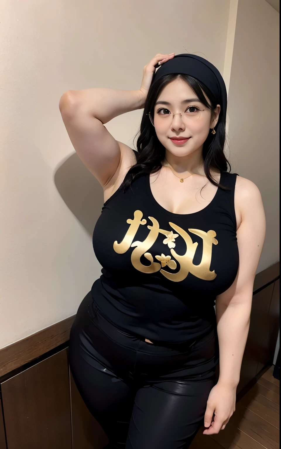 A woman in a black tank top and black pants posing for a picture - SeaArt AI