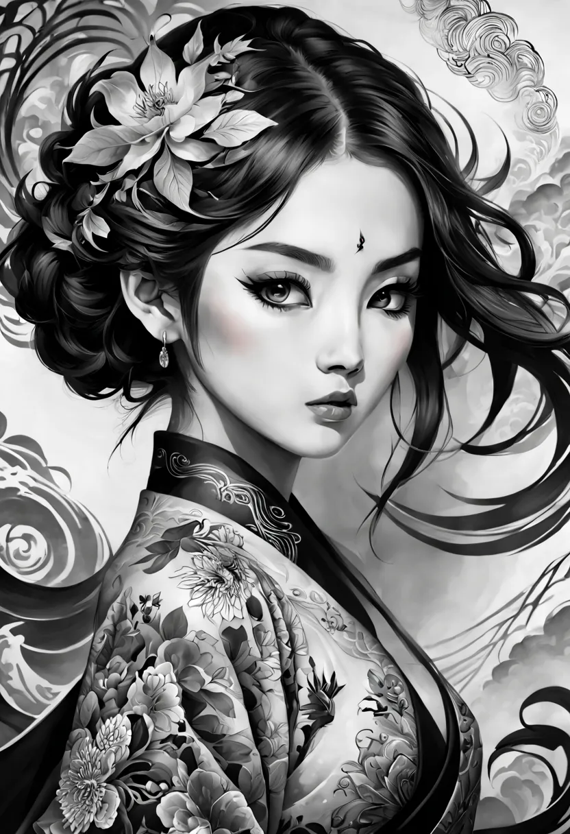 1girl,ink painting,tattoo,japanese style,black and white,high resolution,strokes,attention to detail,traditional,artistic,flowin...