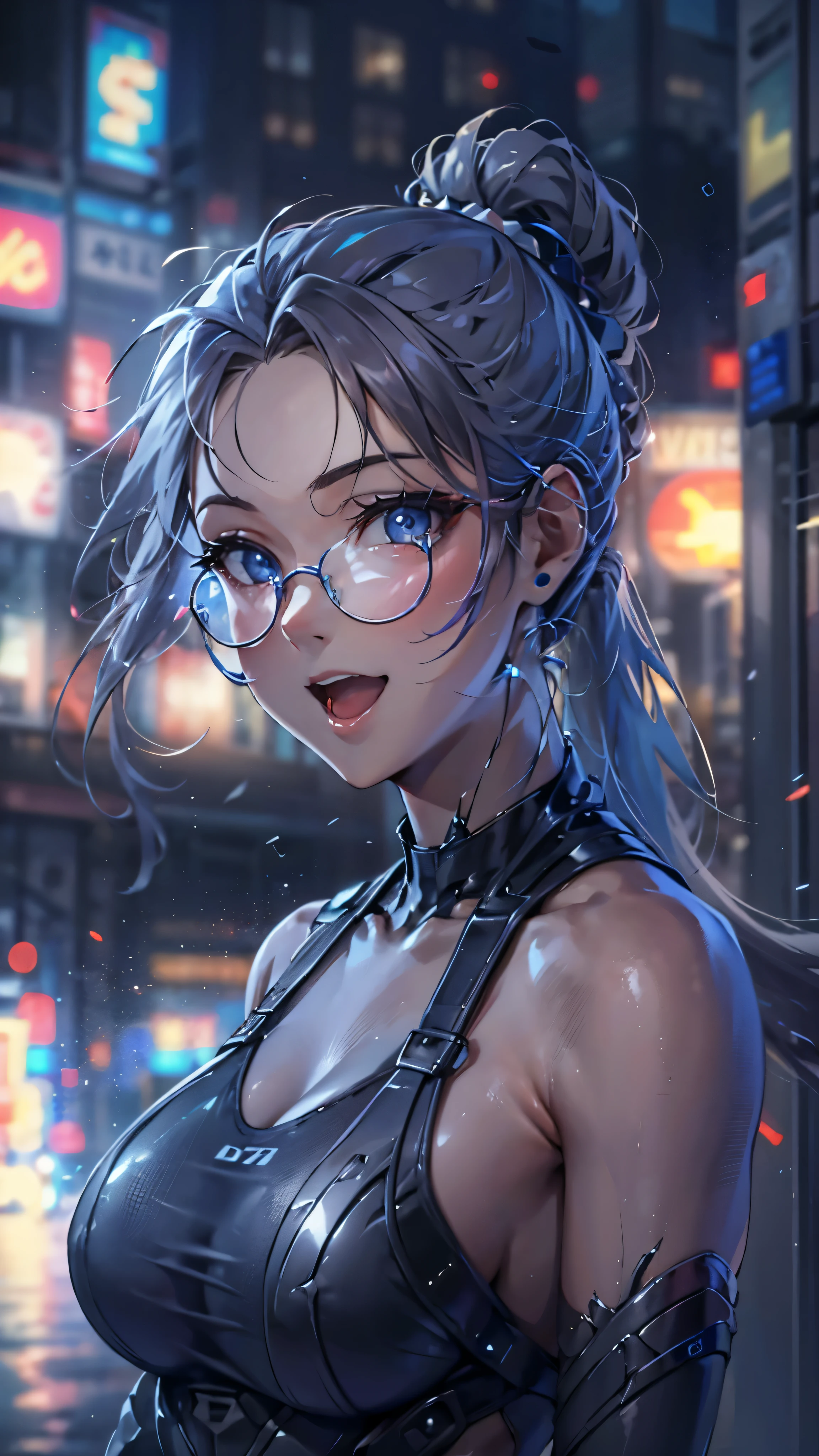 woman,14 years old,,city,night,(((white and blue tight miniskirt bodysuit))),,open mouth smile((See-through))Glasses,((Beautiful long ponytail)),((baby girl body shape))