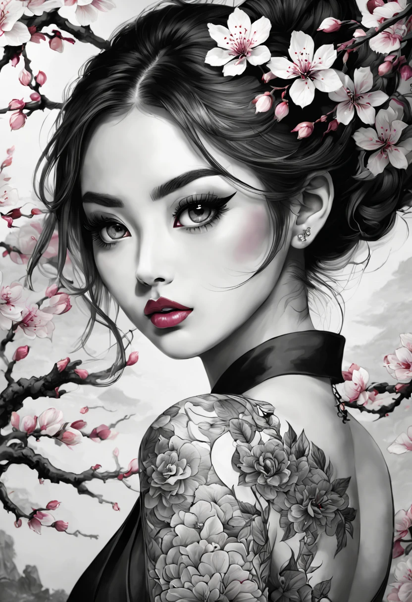 (best quality,4k,8k,highres,masterpiece:1.2),ultra-detailed,black and white,ink paint,japanese tattoo,beautiful detailed eyes,beautiful detailed lips,extremely detailed eyes and face,long eyelashes,fine line work,delicate shading,artistic composition,traditional style,feminine beauty,dynamic pose,elaborate patterns,floating cherry blossoms,meaningful symbolism,graceful movement,subtle color accents,contrast and depth,soft lighting,striking visual impact,vivid emotions,serene atmosphere,powerful expression,lifelike portrayal,sophisticated aesthetics,unique combination of tradition and modernity,authentic cultural representation