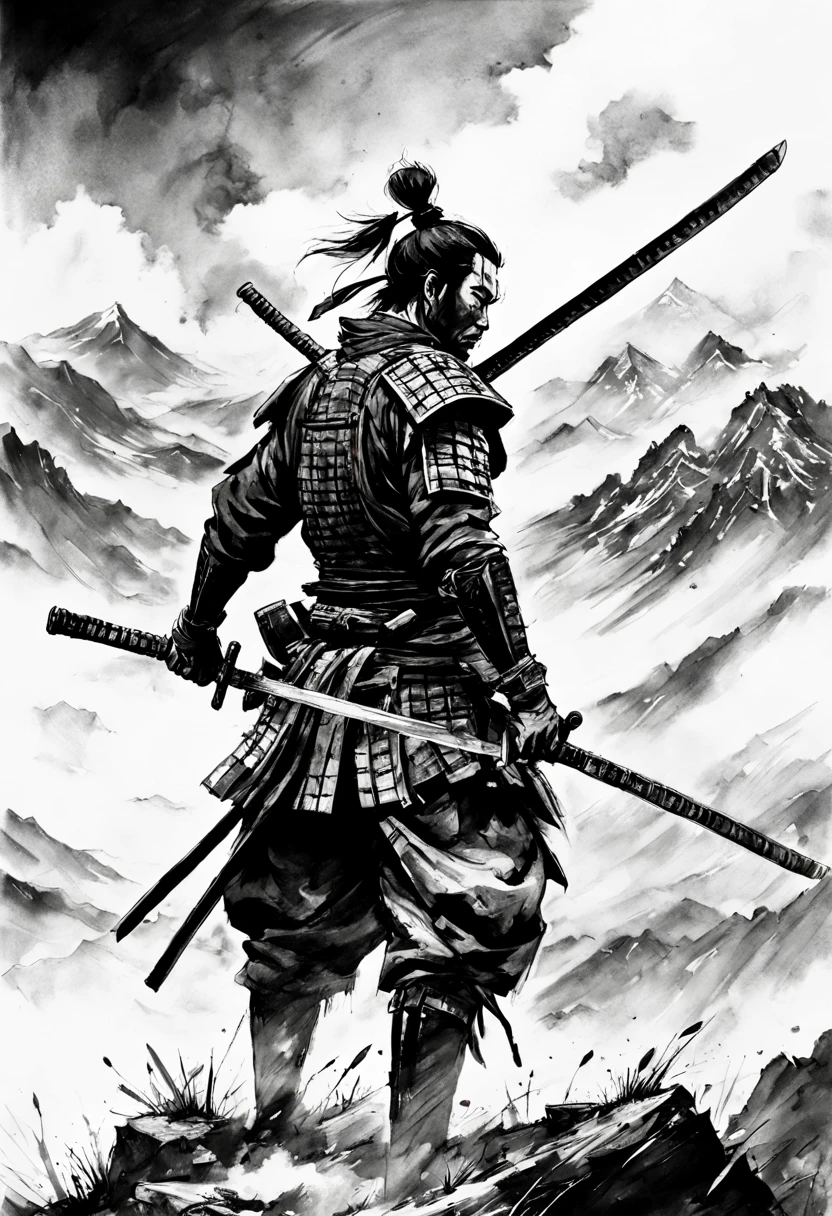 "katana!!! Black and white ink drawing of samurai on battle field, fog!!! epic mountainscape!!! super high mountains!!! epic beautiful clouds, whistlerian, cinematic view”, Masterpiece, Intricate, Insanely Detailed, Art by Kim Jung Gi, Yoji Shinkawa, Guy Denning, James Jean, Ink Drip, Paint Splatter!!!!, Textured!!!