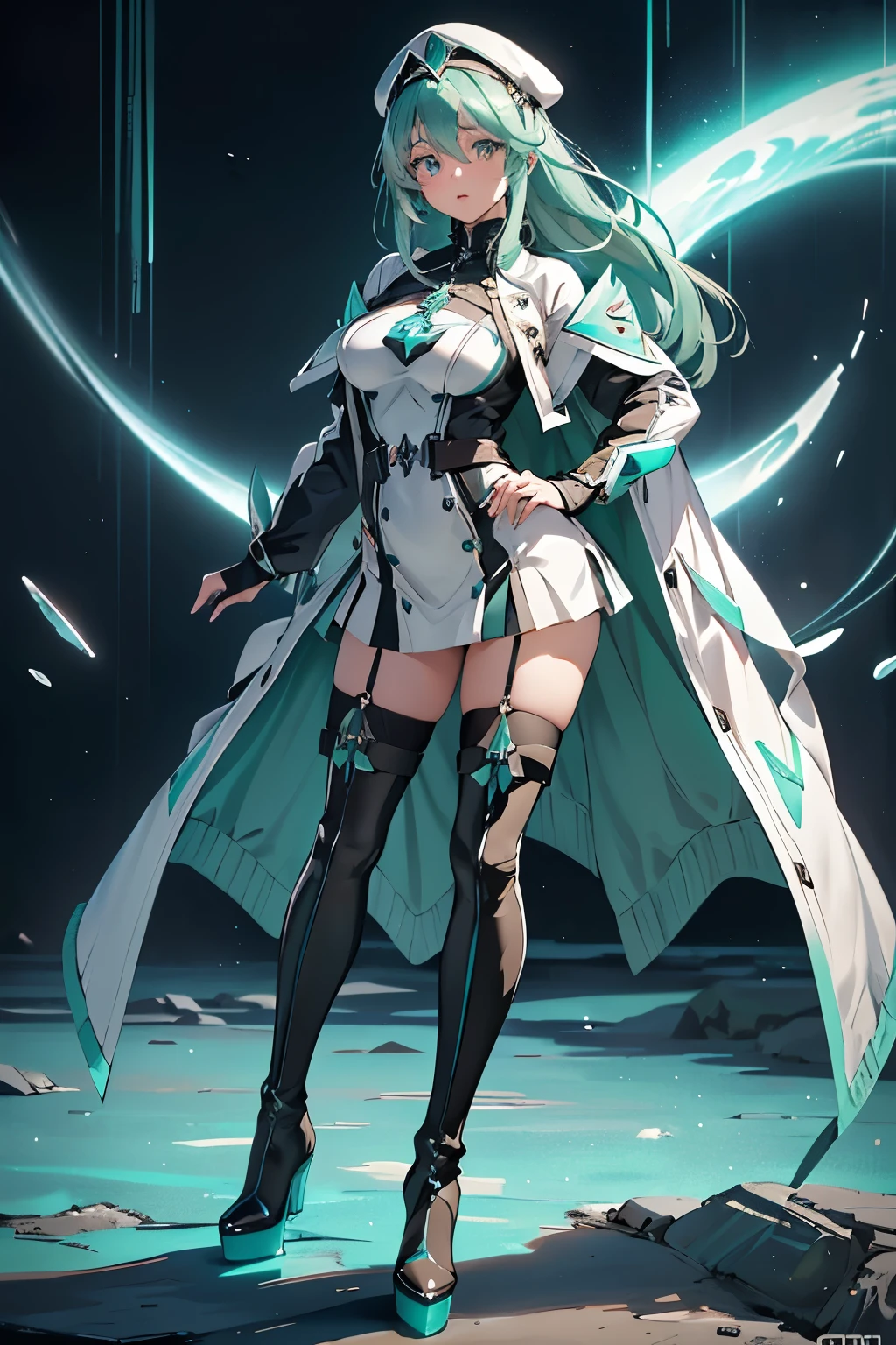 アニメ, 女の子, (((1人の女の子))), (((ワイフ, ゼノブレイド2, Pneuma ワイフ))), テックウェア, (((シーフォームグリーンの髪, 長い髪))), ((シーフォームグリーンアイズ:1.3, 上を向いた目: 1, パーフェクトアイズ, 美しい細部までこだわった目, グラデーションアイ: 1, 細かく描かれた美しい目: 1, 左右対称の目: 1, 目の上に大きなハイライト: 1.2)), (((光沢のある肌: 1.5, 明るい肌: 1.5, 肌が白い, 輝く肌, Very 輝く肌, 光沢のあるボディ, プラスチックグリッタースキン, Exaggerated 輝く肌, 光る肌))), (詳細なボディ, (詳細な顔)), 若い, アイドルポーズ, (最高品質), テックウェア, (((軍服, ミリタリーキャップ, ミリタリーコート, 太ももまでのヒールブーツ))), 高解像度, シャープなフォーカス, 超詳細, 非常に詳細な, 非常に高品質なアートワーク, (現実的, 写実的な: 1.37), 8K_壁紙, (非常に詳細な CG 8K), (非常に精細な8K CG), ((Hyper Super 超詳細 Perfect Piece)), (((完璧な傑作))), 図, 鮮やかな色彩, (複雑な), ハイコントラスト, 選択的照明, 二重曝露, 高解像度 (ハイダイナミックレンジ), 後処理, 背景ぼかし