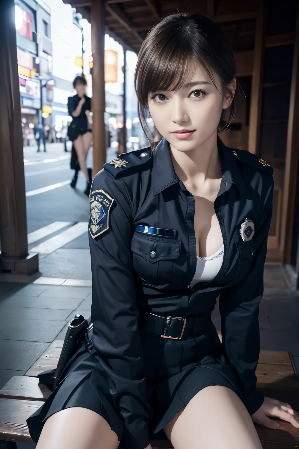 Innocent 20 year old girl、((Japan Police Officer, sexy police uniform, Skirt, Cute and elegant, Dramatic poses)),Smile,night city background,short-cut、Raw photo, (8K、top-quality、​masterpiece:1.2)、(intricate detailes:1.4)、(Photorealsitic:1.4)、octane renderings、Complex 3D rendering ultra detail, Studio Soft Light, Rim Lights, vibrant detail, super detailing, realistic skin textures, Detail Face, Beautiful detail eyes, Very detailed CG Unity 16k wallpaper, make - up, (detailedbackground:1.2), shinny skin, Full body,Hands down、Spread your legs and show your panties,sit on a bench