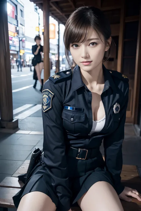 innocent 20 year old girl、((japan police officer, sexy police uniform, skirt, cute and elegant, dramatic poses)),smile,night cit...