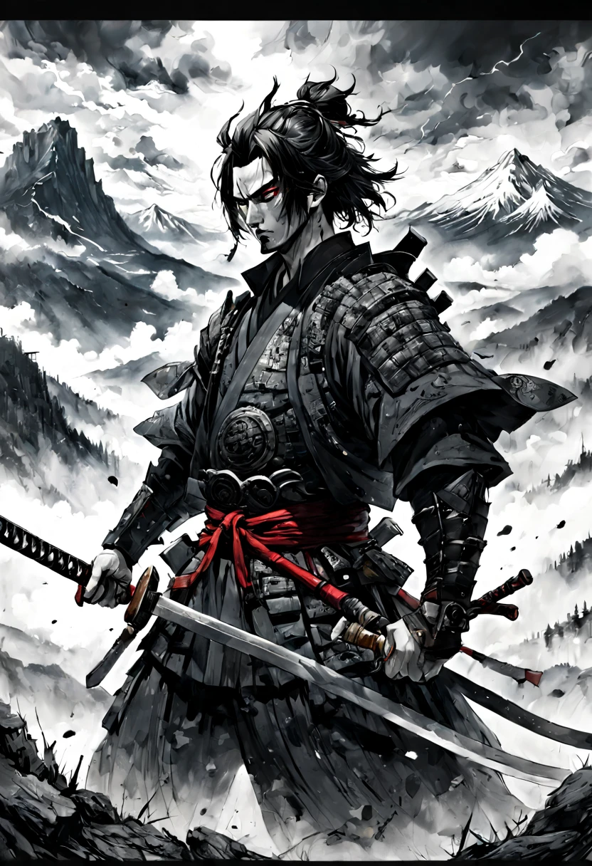 "katana!!! Black and white ink drawing of samurai on battle field, fog!!! epic mountainscape!!! super high mountains!!! epic beautiful clouds, whistlerian, cinematic view”, Masterpiece, Intricate, Insanely Detailed, Art by Kim Jung Gi, Yoji Shinkawa, Guy Denning, James Jean, Ink Drip, Paint Splatter!!!!, Textured!!!