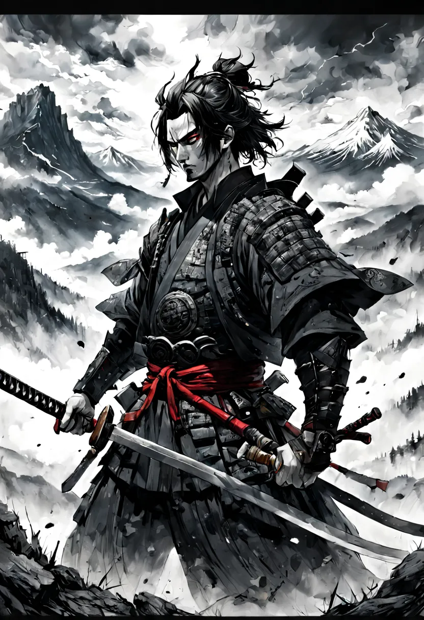 "katana!!! black and white ink drawing of samurai on battle field, fog!!! epic mountainscape!!! super high mountains!!! epic bea...