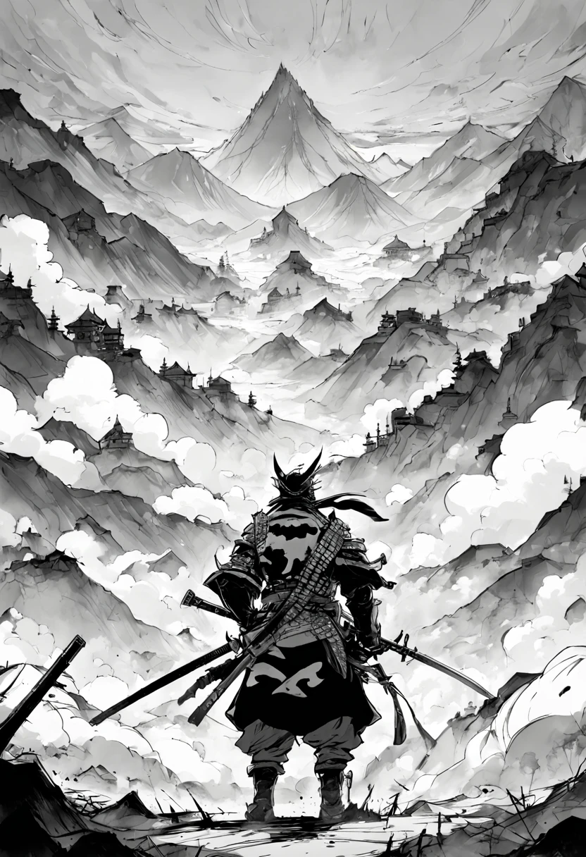 1boy,"katana!!! Black and white ink drawing of samurai on battlefield, fog!!! epic mountainscape!!! super high mountains!!! epic beautiful clouds, whistlerian, cinematic view”, Masterpiece, Intricate, Insanely Detailed, Art by Kim Jung Gi, Yoji Shinkawa, Guy Denning, James Jean, Ink Drip, Paint Splatter!!!!, Textured!!!