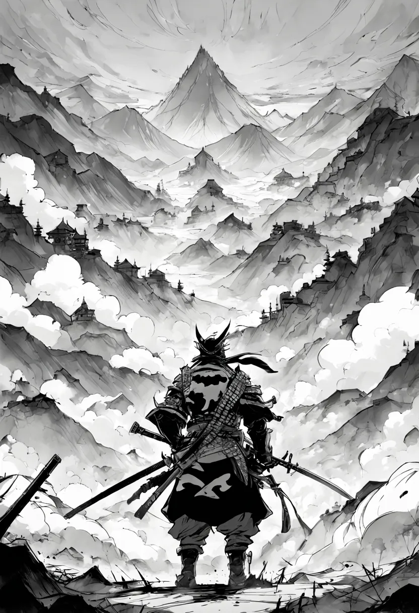 1boy,"katana!!! black and white ink drawing of samurai on battlefield, fog!!! epic mountainscape!!! super high mountains!!! epic...