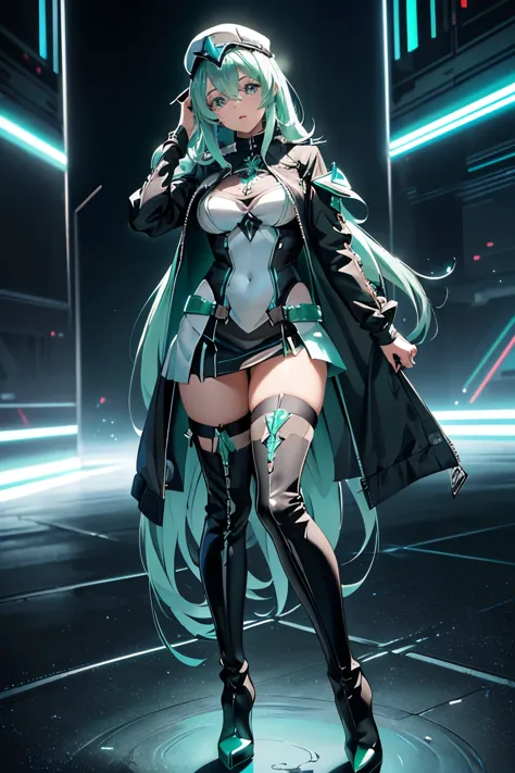 anime, girl, (((1girl))), (((waifu, xenoblade chronicles 2, pneuma waifu))), techwear, (((seafoam green hair, long hair))), ((se...