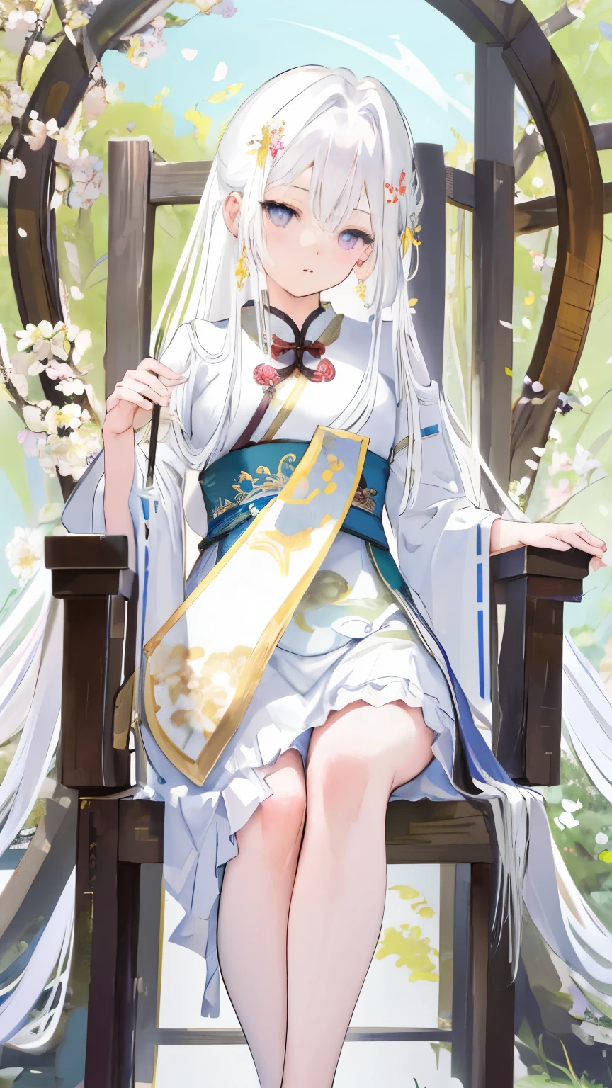 A beautiful anime girl sitting on a chair, holding a fan, with long white hair flowing. The girl has captivating anime-style eyes and a detailed face with beautiful lips. She is dressed in a traditional xianxia outfit, with intricate designs and vibrant colors. The scene is set in a serene garden, with blooming flowers and lush greenery. The girl is in a relaxed posture, crouching down gracefully. The lighting is soft and natural, casting a warm glow on the surroundings. The artwork is created in a medium of digital illustration, inspired by the works of guweiz, a renowned artist on Pixiv and ArtStation. The image quality is of the highest standards, with a resolution of 4K or 8K. The artwork showcases ultra-detailed features, with a photorealistic style that brings the girl and the scenery to life. The color palette is vibrant and visually appealing, with a touch of fantasy and magic. The overall atmosphere exudes a sense of calmness and elegance, capturing the beauty and ethereal nature of the scene.