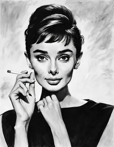 Ink art style, (Audrey Hepburn elegantly holding a cigarette in one hand), dramatic contrast, Hair texture clear and shiny, Emph...