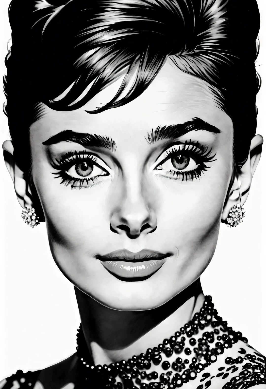 Audrey hepburn, ink style, line art, print novel, black and white, White background, colorless, HD, Crazy Details and Complexity, Super maximized, elegant, Gorgeous, Surrealism, super detailed,