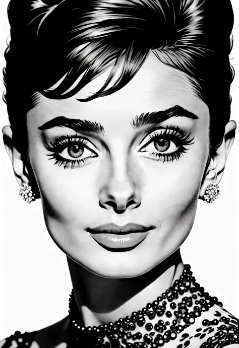 Audrey hepburn, ink style, line art, print novel, black and white, White background, colorless, HD, Crazy Details and Complexity...