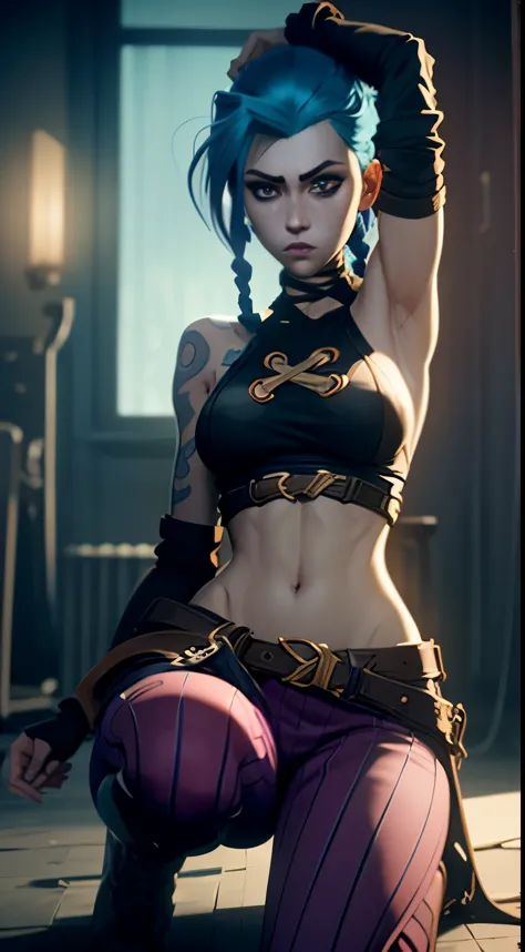 Jinx's character design, Dynamic movements, lying naked on her back, bare breast, hands over head, Swollen , butt, kitty, sexypose, Beautiful figure, Arcane's Jinx, Bright blue and purple sparks all around, glowing eyes, Pink glowing eyes, hairlong, hairsh, braided into long braids, Pigtails hang below the knee, Hair color changes from bright blue to navy blue, Dressed in brown breeches, Leather boots on the feet, Top with four gold circles on the chest in the middle of the chest, Blue cloud tattoos on shoulders and waist, Long bangs, hanging on the right side, Belt with cartridges on the belt, Arcane style, extremely detailed CG unity 8k wallpaper, detailed light, Cinematic lighting, chromatic aberration, glittering, expressionless, epic composition, dark in the background, Cherecter Desing, Very detailed, Detailed body, Vibrants, Detailed Face, sharp-focus, anime art, Vibrants, Detailed Face, Hugh Details, sharp-focus, Very drooping face, A detailed eye, super fine illustration, better shadow, finely detail, Beautiful detailed glow, Beautiful detailed, Extremely detailed, expressionless, epic composition,