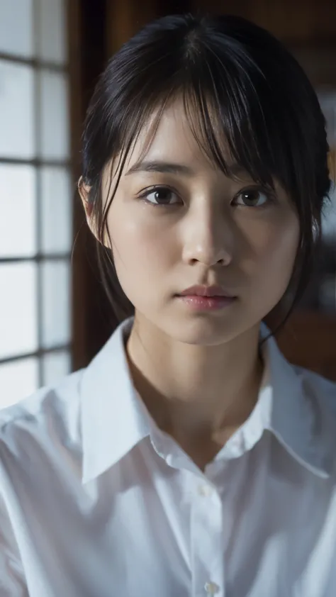 High-quality, realistic upper body image of a 28-year-old Japanese female detective assistant, illuminated face, showing attenti...