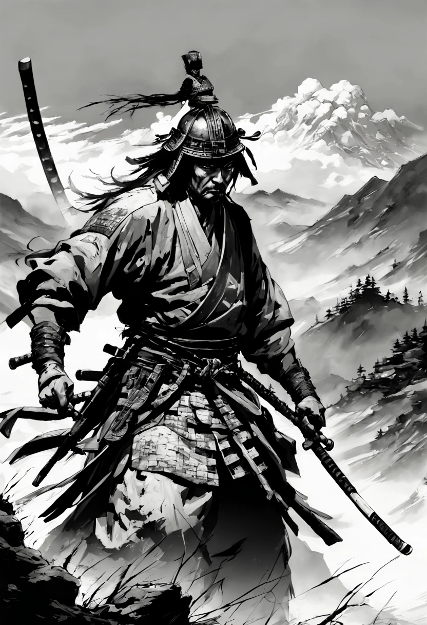 "katana!!! Black and white ink drawing of samurai on battlefield, fog!!! epic mountainscape!!! super high mountains!!! epic beautiful clouds, whistlerian, cinematic view”, Masterpiece, Intricate, Insanely Detailed, Art by Kim Jung Gi, Yoji Shinkawa, Guy Denning, James Jean, Ink Drip, Paint Splatter!!!!, Textured!!!