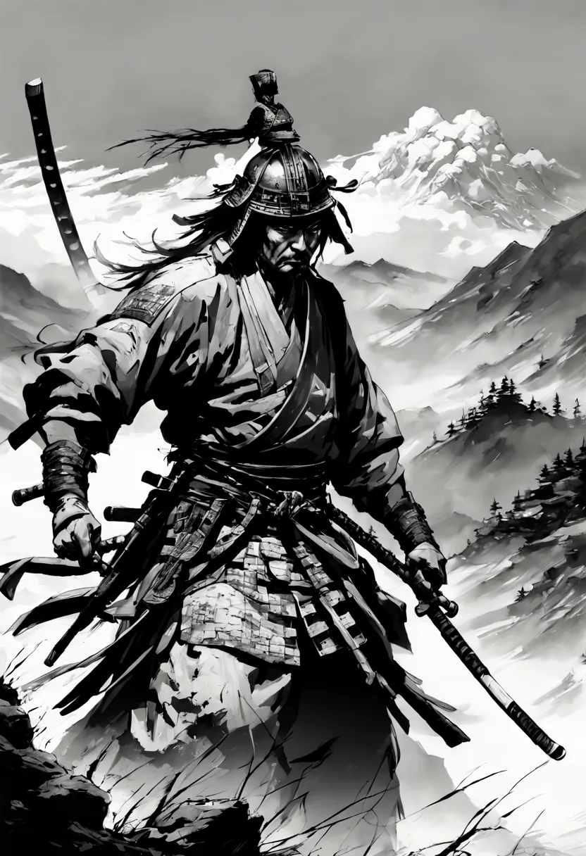 "katana!!! black and white ink drawing of samurai on battlefield, fog!!! epic mountainscape!!! super high mountains!!! epic beau...