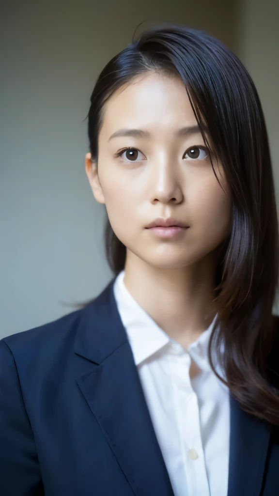 High-quality, realistic upper body image of a 28-year-old Japanese female detective assistant, illuminated face, showing attentiveness. She should have a professional appearance with keen eyes, possibly wearing glasses, a smart formal shirt, and her hair tied back for efficiency. Her expression is focused, reflecting her analytical nature.