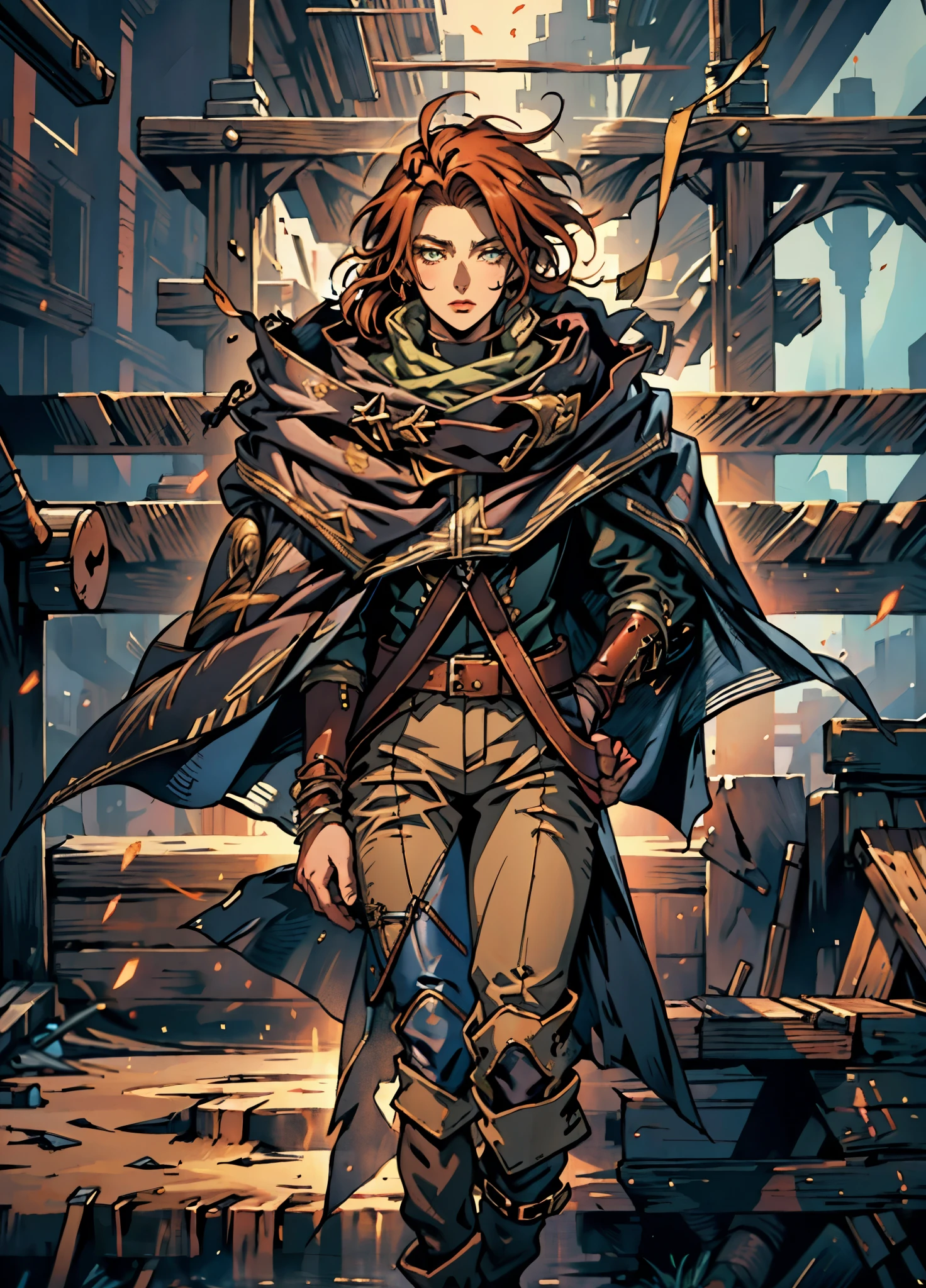 A woman with short reddish-brown hair, a determined gaze, her upper body is enveloped in a heavy cloak with leather accents, the cloak covers the lower half of her face, a tight-fitting long leather trench coat with ethnic-style details at the hem underneath, coarse fabric pants, sturdy knee-high leather boots, the background depicts a fantasy-style western town with swirling yellow sand, this character embodies a finely crafted fantasy western-style female shaman in anime style, exquisite and mature manga art style, high definition, best quality, highres, ultra-detailed, ultra-fine painting, extremely delicate, professional, anatomically correct, symmetrical face, extremely detailed eyes and face, high quality eyes, creativity, RAW photo, UHD, 8k, Natural light, cinematic lighting, masterpiece-anatomy-perfect, masterpiece:1.5
