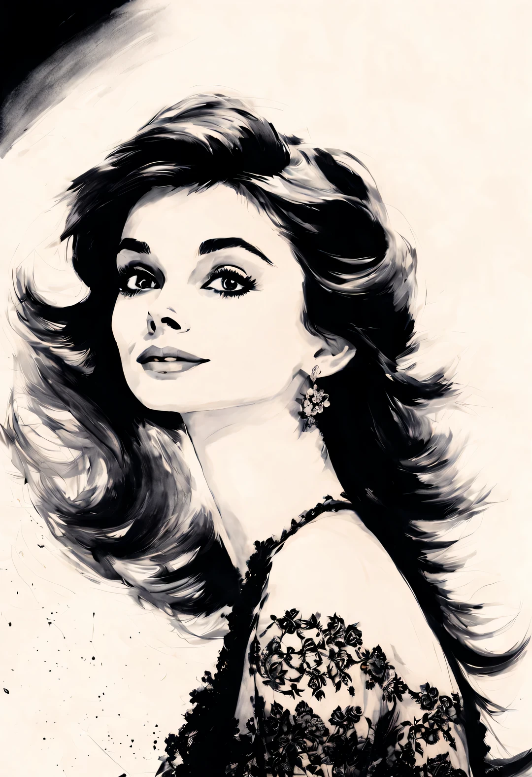 Ink art style, (Audrey Hepburn elegantly puts her hands on her chest), (Wear high-end lace evening gown gloves), White background, dramatic contrast, Hair texture clear and shiny, Emphasis on the depiction of exceptionally beautiful and bright eyes, smooth skin, portrait, beautiful details, Super intricate and refined details, Outline with black ink, smooth lines, Express the characters’ expressions and postures through the contrast of ink shades. Simple background, Emphasis on light, shadow, and a sense of space,
