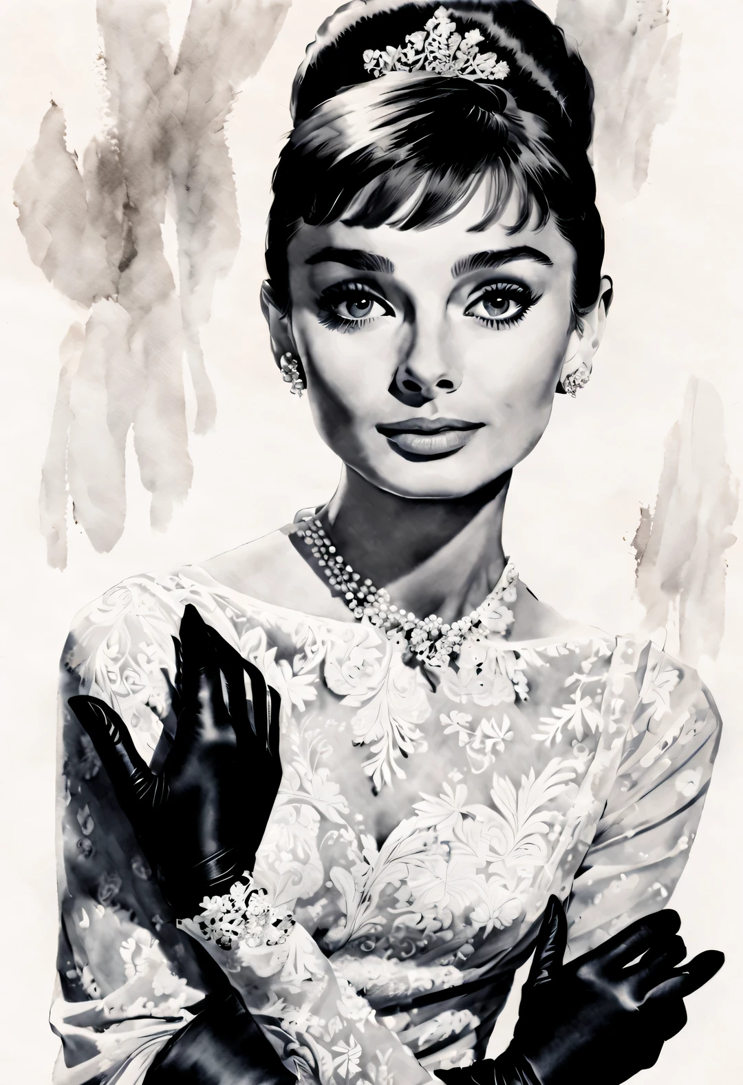 Ink art style, (Audrey Hepburn looks elegantly at the camera), (Wear high-end lace evening gown gloves), White background, ink painting,
dramatic contrast, Hair texture clear and shiny, Emphasis on the depiction of exceptionally beautiful and bright eyes, smooth skin, portrait, beautiful details, Super intricate and refined details, Outline with black ink, smooth lines, Express the characters’ expressions and postures through the contrast of ink shades. Simple background, Emphasis on light, shadow, and a sense of space,
