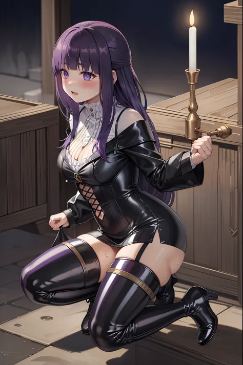 (highest quality, masterpiece),sexy, erotic, 1 girl, 18-year-old, despise, Pride, purple long hair, ((purple eyes)), looking at the viewer, medieval tabernacle, (close), ((dark room)), Sweat, the candle is lit, (((blush))), ((cleavage)), Mr.々Inside a tortu...