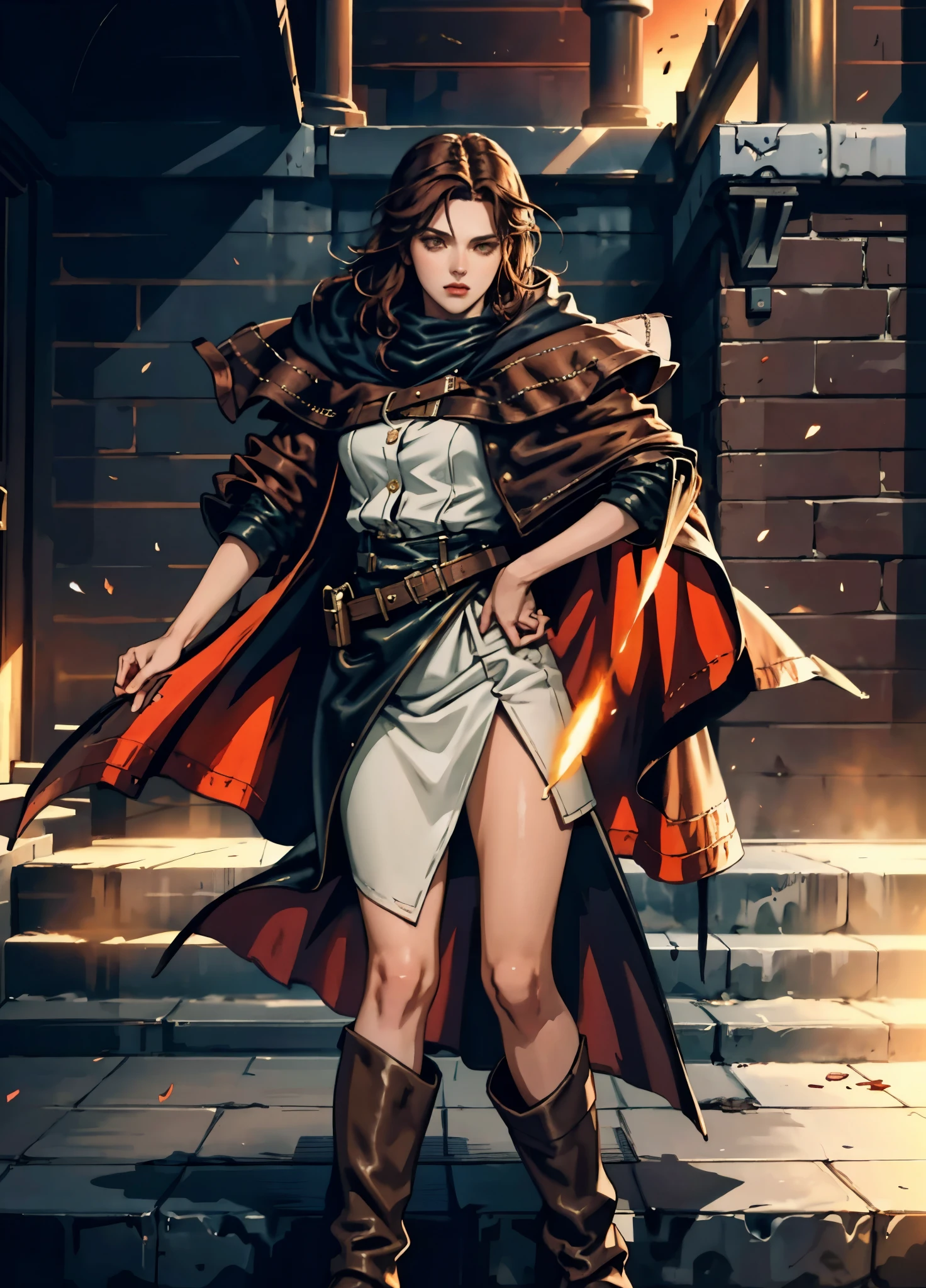A woman with short reddish-brown hair, a determined gaze, her upper body is enveloped in a heavy cloak with leather accents, the cloak covers the lower half of her face, a tight-fitting long leather trench coat with ethnic-style details at the hem underneath, coarse fabric pants, sturdy knee-high leather boots, the background depicts a fantasy-style western town with swirling yellow sand, this character embodies a finely crafted fantasy western-style female shaman in anime style, exquisite and mature manga art style, high definition, best quality, highres, ultra-detailed, ultra-fine painting, extremely delicate, professional, anatomically correct, symmetrical face, extremely detailed eyes and face, high quality eyes, creativity, RAW photo, UHD, 8k, Natural light, cinematic lighting, masterpiece-anatomy-perfect, masterpiece:1.5