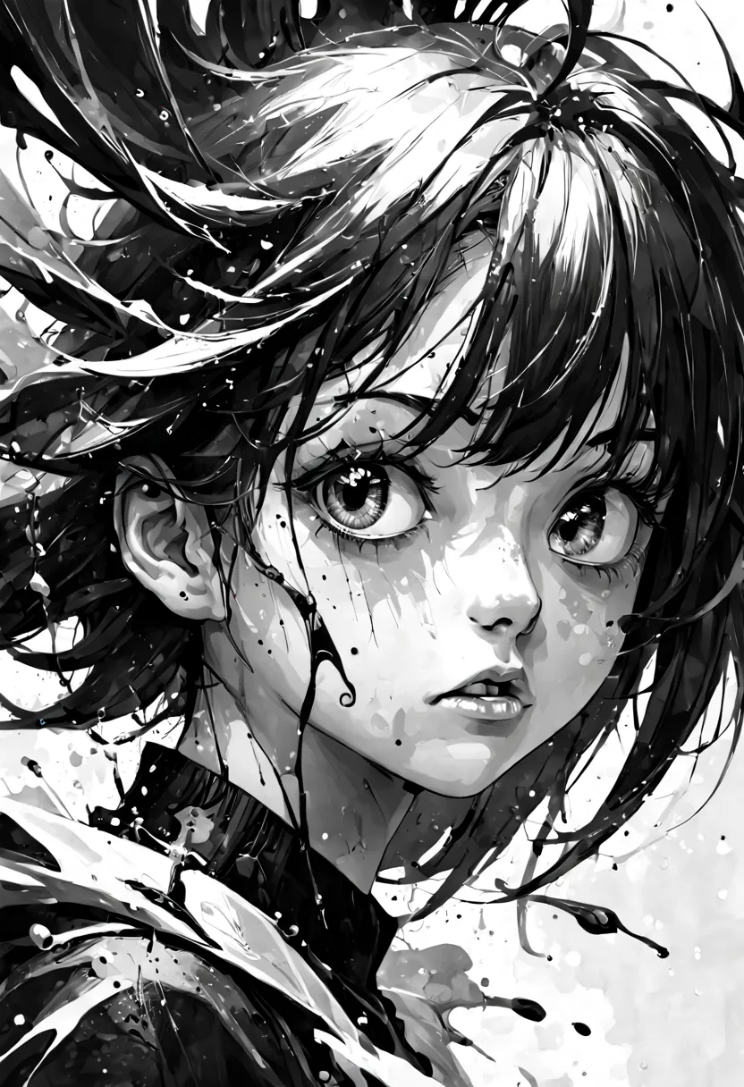 1girl, black and white ink drawing, hyperrealistic, splash art, concept art, mid shot, intricately detailed, dramatic, 2/3 face ...