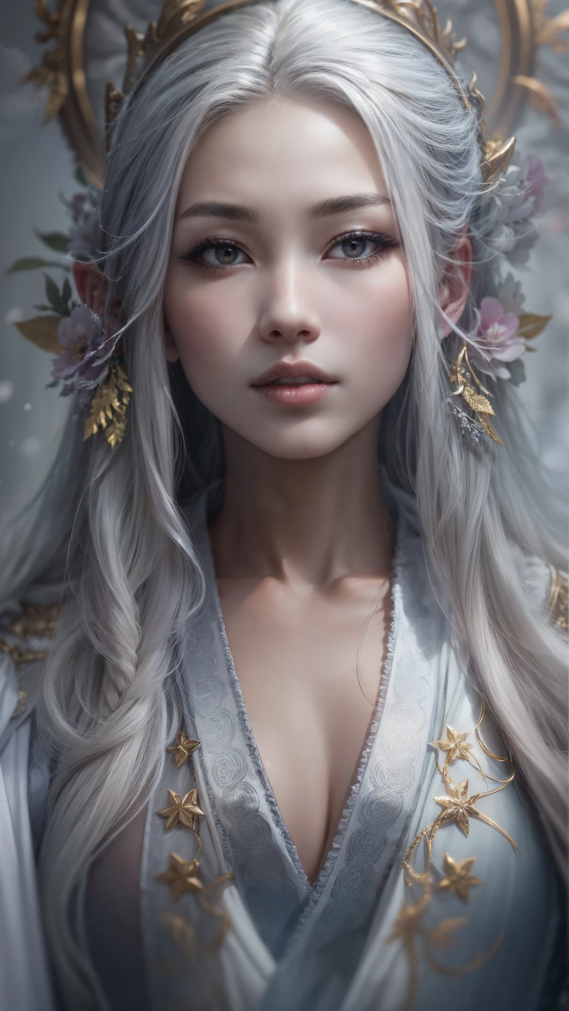 A full body portrait of a japanese woman with a silver tail and little horns, the photograph captured in stunning 8k resolution and raw format to preserve the highest quality of detail. The woman's beauty is undeniable, a peaceful look. She wears a silver ceremonial robe with some delicate embroidered details that complement her charming and passionate pose, all portrayed with meticulous attention to detail, showing the perfection and maturity in her face with delicate features and hyper-detailed bright silver eyes. The photograph is taken with a lens that frames your entire body, challenging your gaze, and the backdrop is a divine, bright environment that highlights the vibrant colors of the scene. The lighting and shadows are expertly crafted to highlight the richness of her skin and subtle nuances of her features. Her long silver hair, with distinct variations in tone, stands out in contrast to her snow-white skin. The external environment adds a sense of divinity, while a few small silver scales on its skin reflect the sunlight. The overall composition captures her essence with authenticity and grace, creating a portrait that is a celebration of a celestial goddess. Photography by defiance512, using the best shadow and lighting techniques, to create a mesmerizing portrait that transcends the visual.