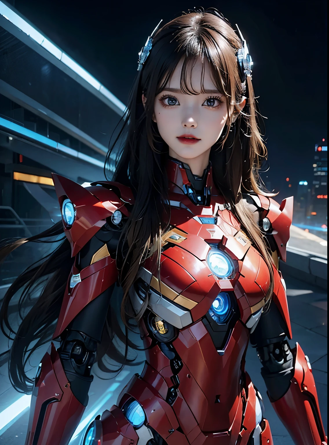  super detalhado, detalhes avançados, alta qualidade, 最alta qualidade, Alta resolução, 1080P, disco rígido, lindo,(menina de ferro),lindoサイボーグの女性,Garota Ciborgue Mecha,modo de batalha,Garota com corpo mecha,Ela usa um mecha do Homem de Ferro,tiro de corpo inteiro